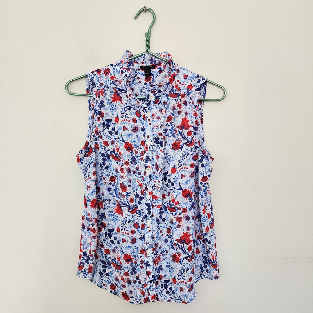 Ann Taylor Petite Sleeveless Ruffle Neck Floral Blouse Red Blue White MP